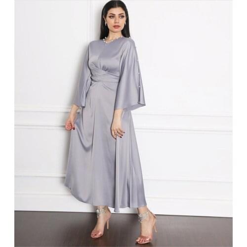 Jalabiya Kaftan Dress For Women Dubai Turkey Soft Satin Maxi Dress Muslim Arabic Islamic Robe Clothing Grey Color