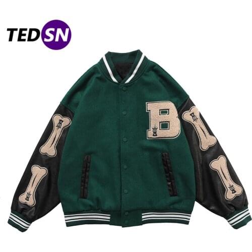 Furry Bone Letter Patch Color Block Patchwork 3 Color Harajuku Preppy Style Bomber Jacket Men Baseball Jacket Coats Men Winter