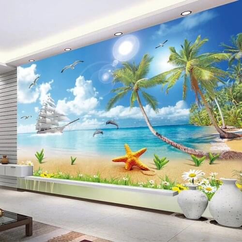Seascape Beach Coconut Tree 3D Photo Wallpaper Waterproof Self-adhesive Sticker Wall Mural Living Room Bedroom Papel De Parede