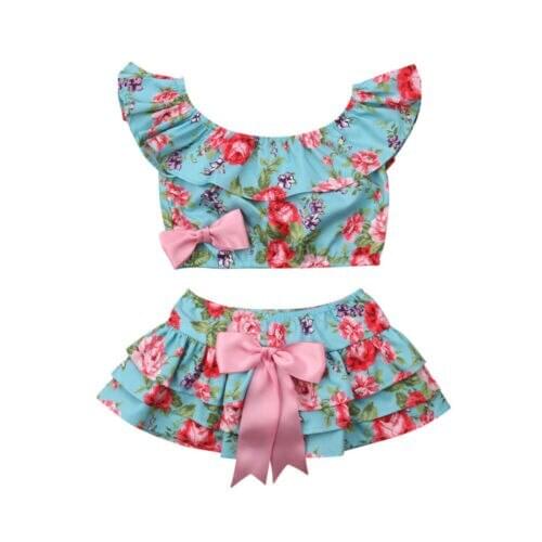 Toddler Girl Clothed Kids Baby Girl Ruffle Flower Tops Crop Shorts Briefs 2PCS Outfit Sunsuit