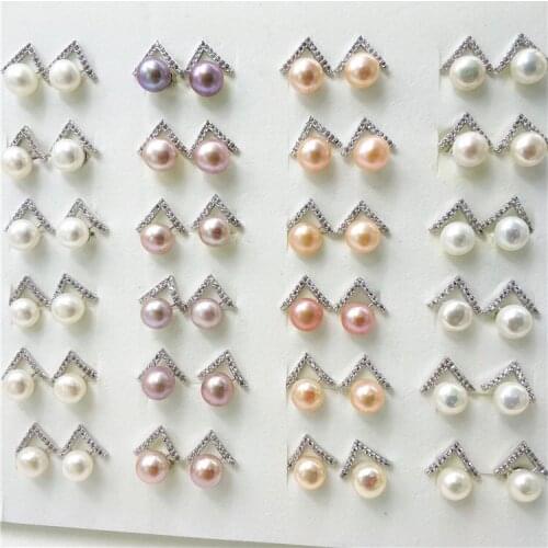 Wholesale 100pairs/lot Hot Triangle Style Real Freshwater Pearl Earrings Silver Plated Stud Earrings Nice Party Wedding Gift