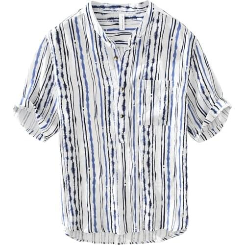 Striped Print Shirt for Men Summer New Pure Linen Short Sleeve Thin Button Up Tops Male Fashion Casual Hemp Shirt Retro Clothes