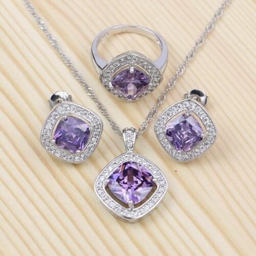 Silver 925 Jewelry Sets Purple Cubic Zirconia White Crystal Necklace Earrings Pendant Ring Set For Women Party Decoration