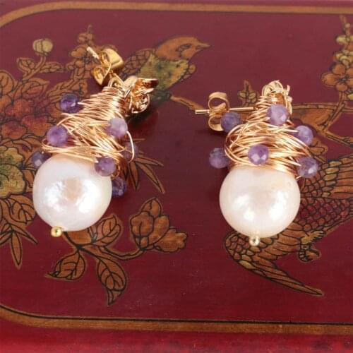 White Baroque Pearl Earrings Amethyst bead 18k Ear Drop Flawless AAA Wedding Cultured Fashion Dangle Jewelry Classic Gift Party