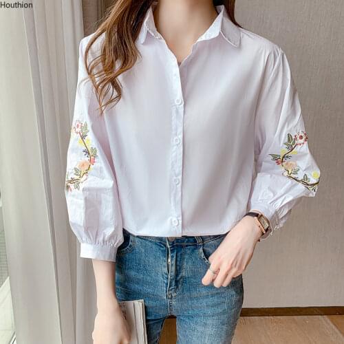 Houthion Chiffon Slim Womens Blouses Fashion Long Sleeve Top New Casual Blouse Flowers Buttons Polo Shirt Summer blusas