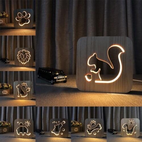Acecorner LED USB Night Light Wooden Cat Paw Dog Lion Head Animal Lamp Novelty Kid Bedroom 3D Decoration Table Lights Child Gift