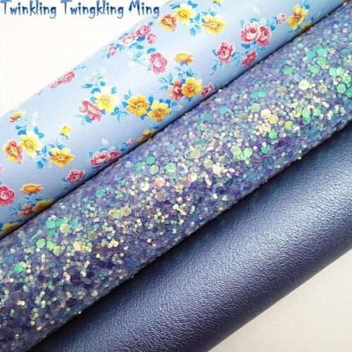 Blue Glitter Fabirc, Flowers Printed Faux Leather Fabric,Synthetic Leather Fabric Sheets For Bow A4 8"x11" Twinkling Ming XM375