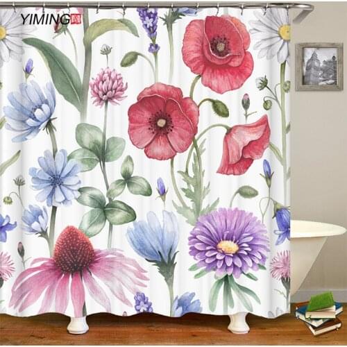 3D painted flowers pink flower printing bathroom shower curtain polyester waterproof curtains home decoration curtains with hook