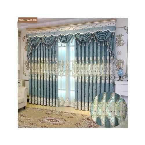 Custom curtain new embroidered thick chenille European bedroom jacquard blue cloth blackout curtain valance tulle panel C753