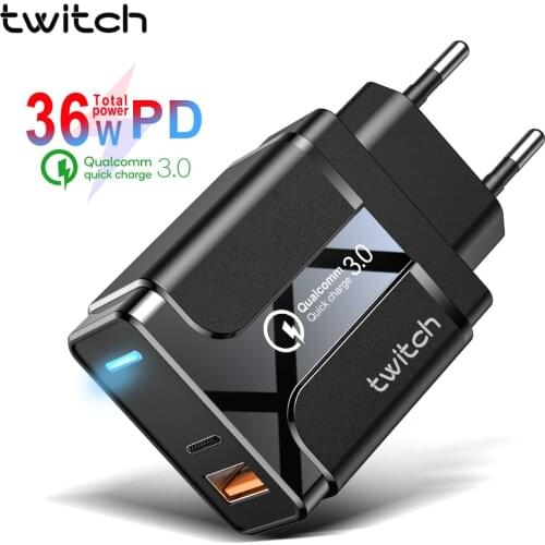 Twitch Quick Charge 3.0 PD Type C USB Charger For Samsung iPhone Huawei Tablet QC 3.0 Fast Charger Mobile Phone Wall Adapter LED