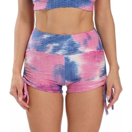 Women Drawstring Yoga Shorts Ruched Scrunch Booty High Waisted Hot Pants Contrast Color Tie-Dye Butt Lift Leggings