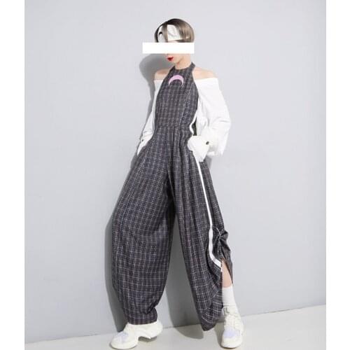 Johnature 2021 New Harajuku Embroidery Plaid Wide Leg Jumpsuits High Street Plus Backless Sleeveless Women Full Length Jumpsuits