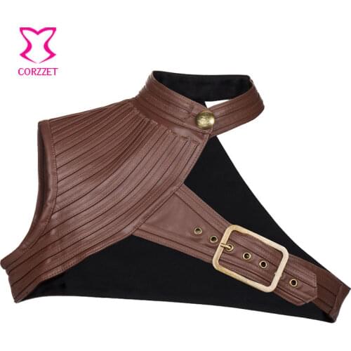 Steampunk Brown Faux Leather One Shoulder Stand Collar Sexy Corset Jacket Women Gothic Clothing Burlesque Costumes Accessories
