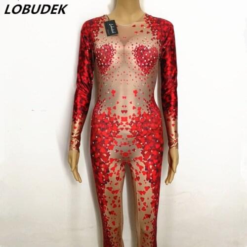 Nightclub Female Pole dancing Costumes Leading dancer DJ DS sexy performance Red printing Leotard Jumpsuit