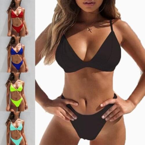 Women Sexy Swimsuit Bikini Bathing Suit Low Waist Solid 2021 Beach Party Fitness Swimming Pool Halter High Neck Swimwear S-6XL