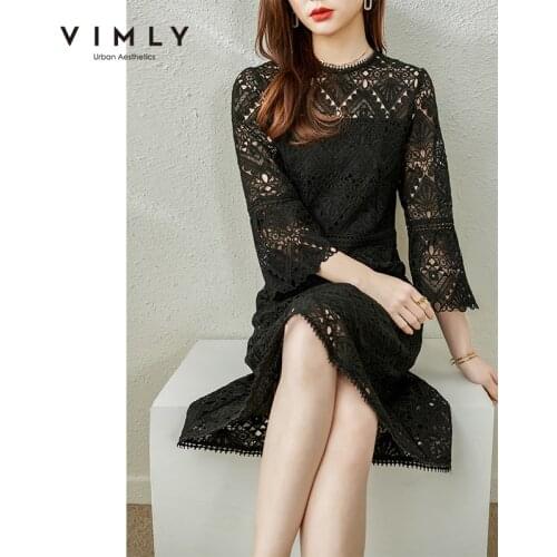 VIMLY Dresses For Women Office Lady Round Neck Flare Sleeve Lace Dress Elegant New High Waist Long Dress Female Vestidos F6329