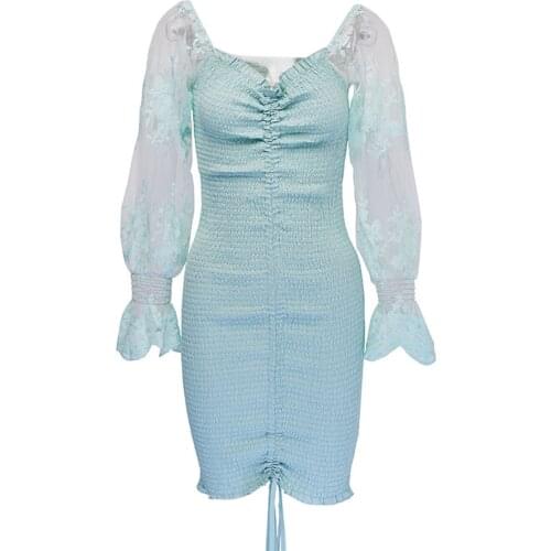 Women Sexy V-neck Dress Embroidery Pattern Long Puff Sleeves with Drawstring Design S/ M/ L