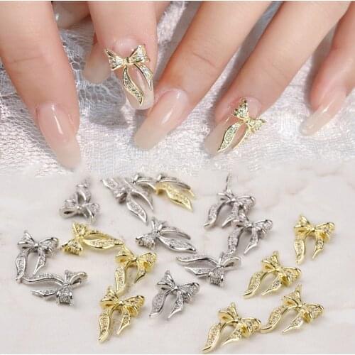 5pcs Gold Silver Alloy Bowknot Nail Art Decorations 3D Shiny Bow Rhinestones Jewelry Ornaments Charm UV Gel Manicure Accessories
