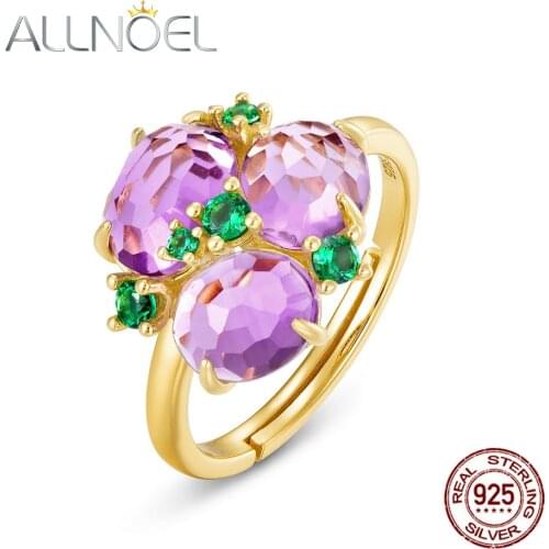 ALLNOEL 100% 925 Sterling Silver Rings For Women Exquisite Synthetic Amethyst Nano-green Zircon Adjustable Rings Party Jewelry