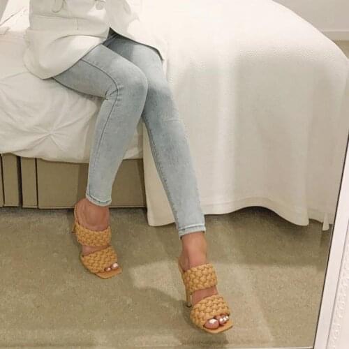 Summer Leather Braided High Heel Sandals Women Runway Party Shoes Cross Wove Folds Mules Shoes Sexy Thin Heel Sandals Woman