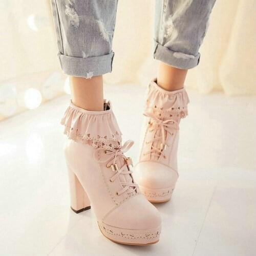 COOLULU Lolita Ankle Boots Women Shoes Winter Boots Lace Up Block High Heel Ankle Boots for Women Zipper All Match Winter Boots