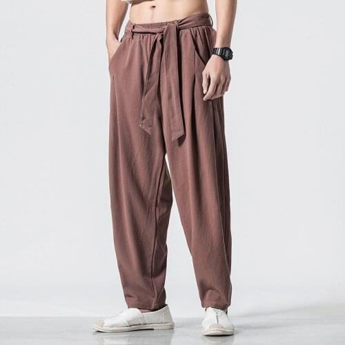 Spring Summer Chinese Style Harem Pants Men Casual Sweatpants Elastic Waist Linen Pants Mens Joggers Hip Hop Trousers 30737