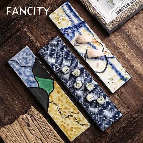 FANCITY Japanese creative hand-painted long sushi plate household ceramic plate restaurant sashimi plate restaurant personality