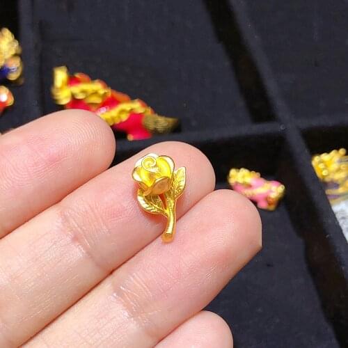 Fine Jewelry Real 24K Yellow Gold Pendant 3D Mini Rose Flower Shaped Bead 0.1-0.2g (Only One Piece) Best Gift