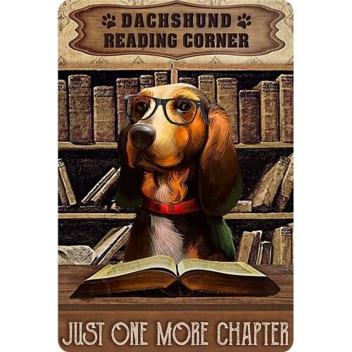Dachshund Reading Corner Metal Sign Retro Tin Sign Bar Cafe Wall Decoration Plaque Art Printing Poster