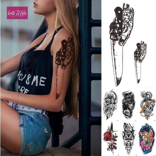 Knife Skull Waterproof Temporary Tattoo Sticker Flash Tattoos Mermaid Wolf Body Art Arm Fake Tatoo Women Men