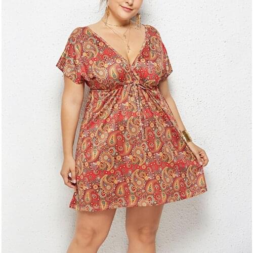 Elastic High Waist Dress A Word Temperament Fat Oversized Dress Sukienka Lady Digital Print Dress Drawstring Women Short Sleeve