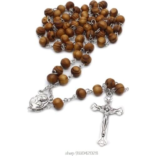 Retro Wooden Rosary Beads Necklace for Women Cross Jesus Pendant Religious Christian Jewelry Gifts N30 20 Dropship