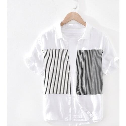 100% Pure Linen Short Sleeve Shirt for Men Summer New Japanese Fashion Tops Male Vintage Striped Patchwork Button Up Hemp Shirt