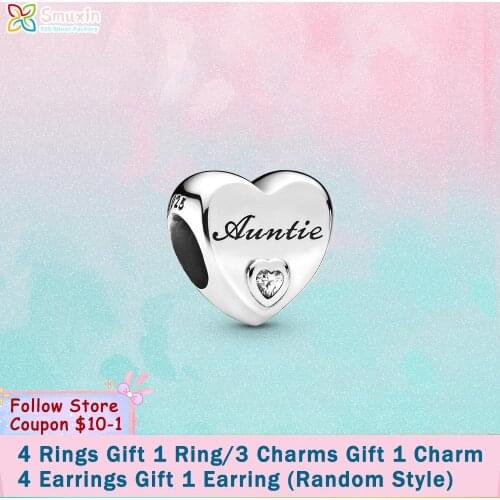 Smuxin 925 Sterling Silver Beads Auntie Love Heart Charms fit Original Pandora Bracelets for Women Jewelry Making Birthday Gift