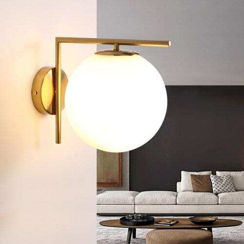 Modern simple LED wall lamp North Europe bedroom bedside wall lamp glass lamp shade stainless steel round wall lamp