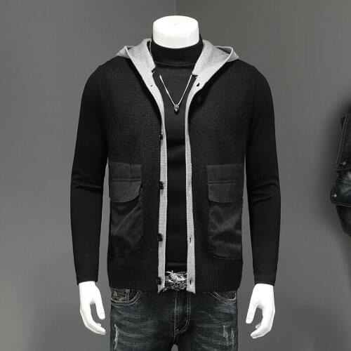 British Style Trend Light Ripe Wind Casual Black Cardigan Sweater Hooded Big Pocket Knitted Sweater Coat Male M-4XL