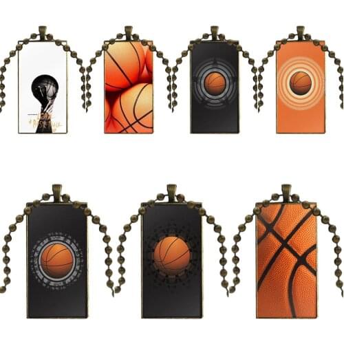 For Unisex Party Gift Vintage Jewelry Bronze Plated With Glass Cabochon Choker Long Pendant Rectangle Necklace Basketball Ball