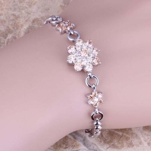 Magnificent Champagne Morganite Silver Plated Overlay Link Chain Flower Bracelet 7 - 8 inch S0653