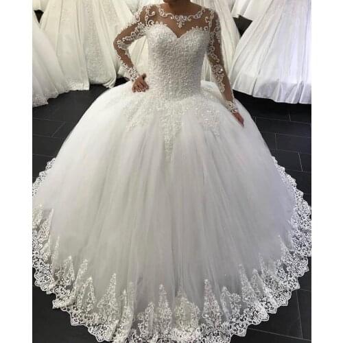 Vestidos De Noiva Elegant Ball Gown Long Sleeve Wedding Dress White Appliques Princess Lace Wedding Gowns Robe Mariage