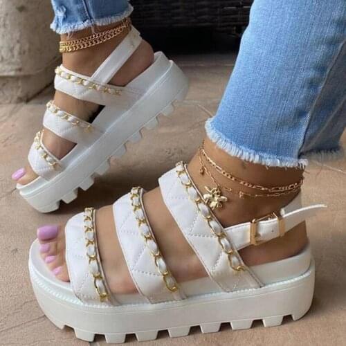 Women Sandals Fashion Metal Chain Summer Ladies Shoes Open Toe Sandals Buckle Strap Ladies High Heels Platform Women Shoes Size