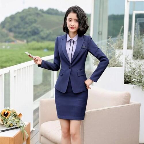 Formal Navy blue Blazer Women Business Suits Skirt and Jacket Sets Office Ladies Work Wear Uniforms OL Styles
