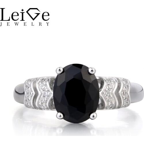 Leige Jewelry Natural Black Spinel Ring Engagement Ring Oval Cut Black Gemstone 925 Sterling Silver Ring Romantic Gifts for Her