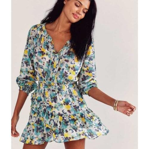 Boho Inspired floral print summer dress long sleeves layered ruffle dress women asymmetrical ladies dress new chic party dress