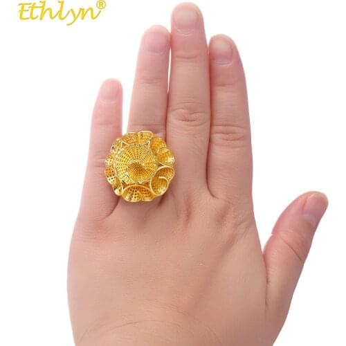 Ethlyn Gold Color Flower Dubai Ring Ethiopian/African/Nigerian Rings for Women Girlfriend Evening Party Ring Jewelry Gift R76