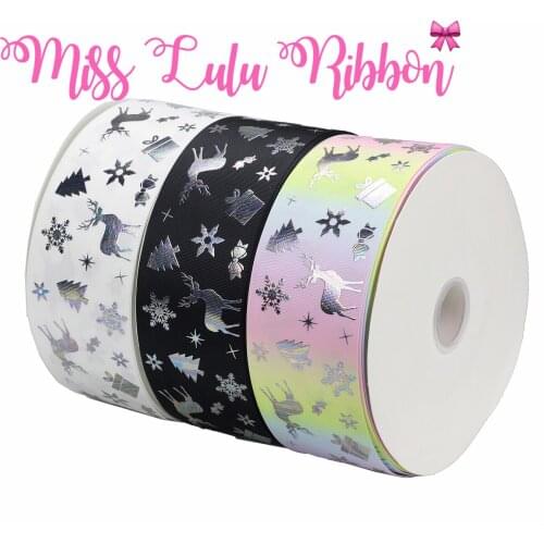 3"75mm Christmas Decor Snowflake Hologram Silver Foil Solid Color Grosgrain Ribbon DIY Gift Bowknots Hair Band 50yards/roll
