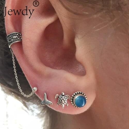 4PCS/SET Turtle Mermaid Tail Silver Color Earring Sets for Women Ethnic Bohemia Ear Clip Stud Earrings Leaf Owl Earrings New