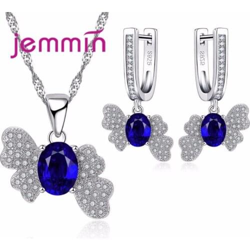 Elegant Engagement Wedding Created Sapphire Jewelry Set 925 Sterling Silver Pendants Necklaces Dangle Earring For Woman