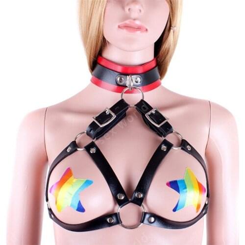 Erotic Toys Neck Collar Ring With Open Bra Nipple Bound Restraint Bondage Belt Set PU Leather Adult Sex Toy Sexy Game Products