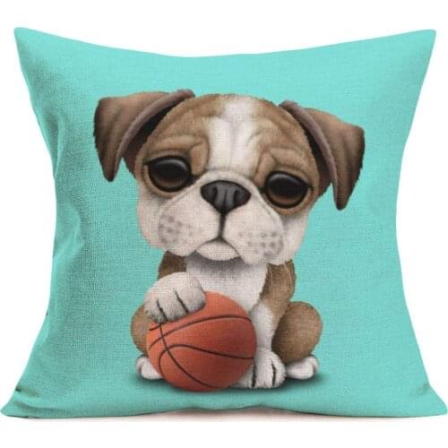 Cotton Linen Throw Pillow Covers Cute Animal Dog Baby Playing Basketball Design Cushion Case Lake Cartoon Square Pillowcase