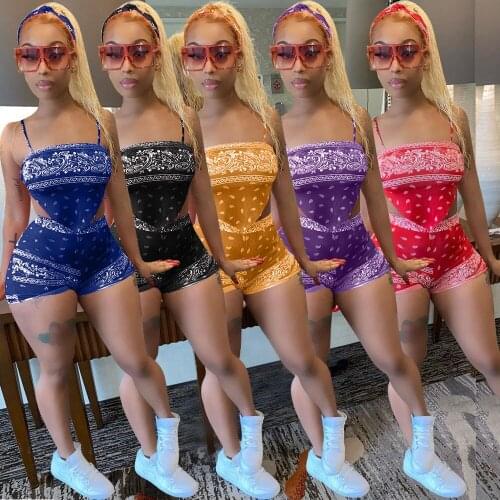 Echoine Vintage Print Strap Crop Top Shorts Set Two Piece Set Women Sexy Bodycon Skinny Party Club Outfits Streetwear Ladies Set